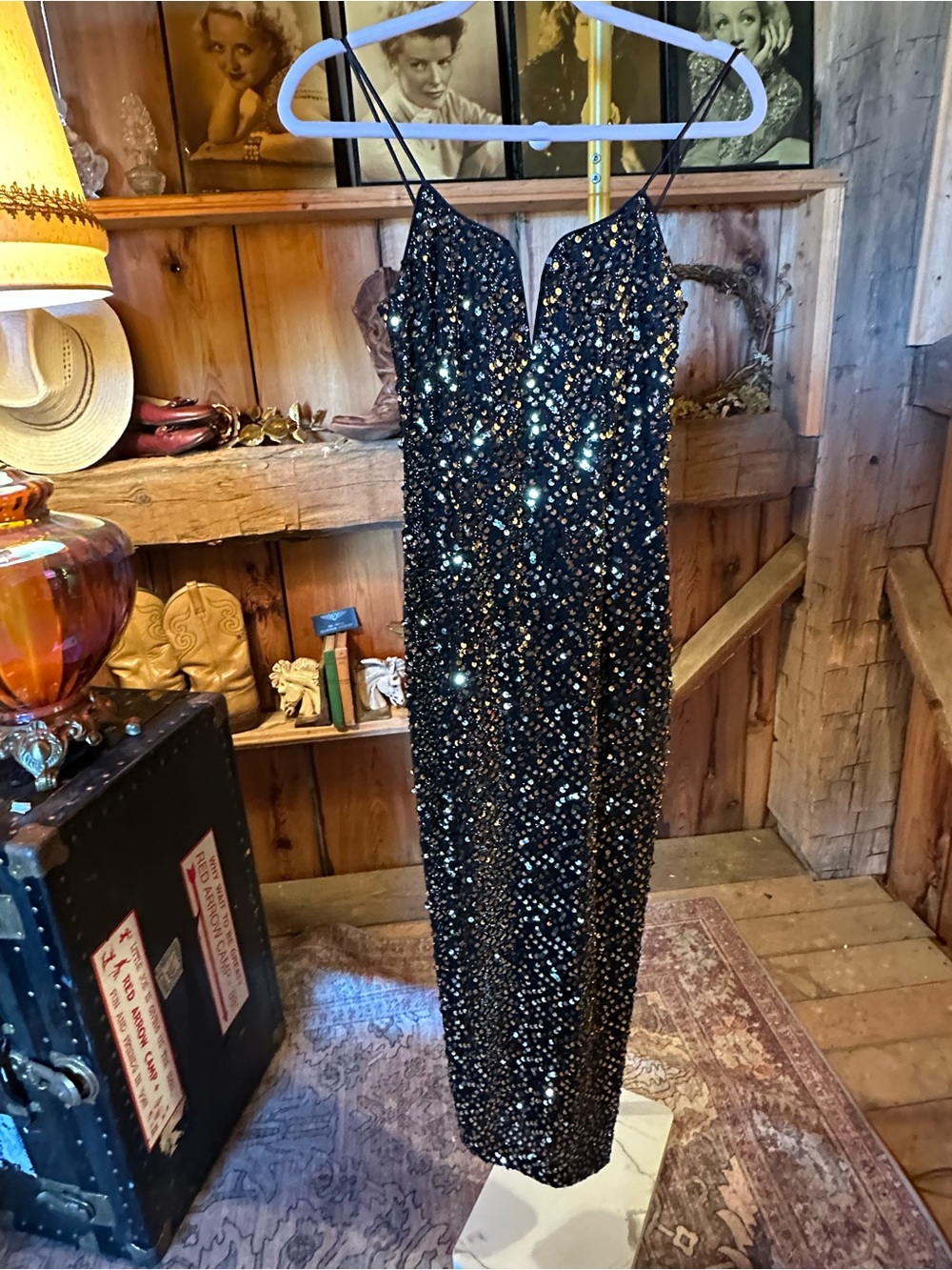 Black Sequin Spaghetti-Strap Maxi Dress